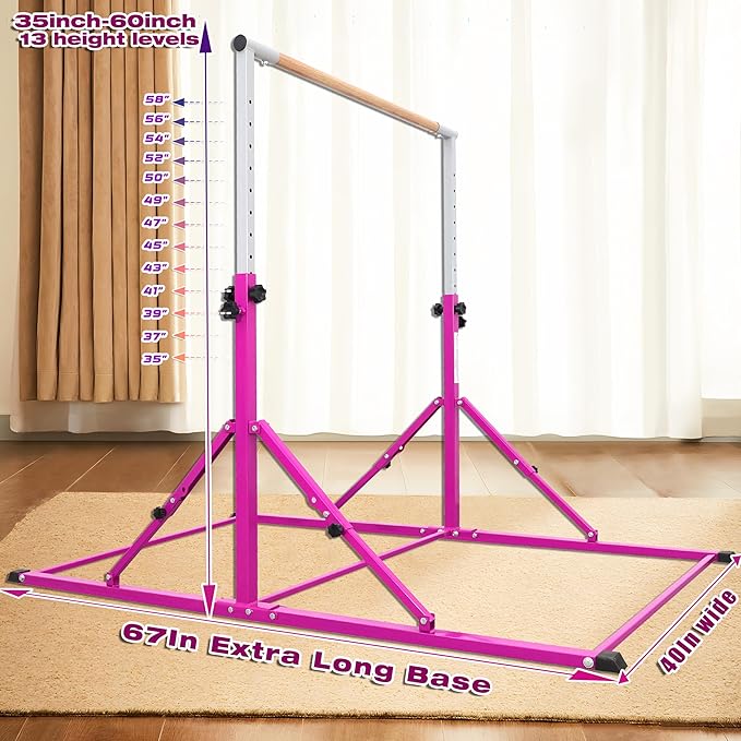 PreGymnastic Foldable Gymnastics Bar, 5.6FT Folding Horizontal Bars for Kids Ages 3-12, Weight Limit 350 LBS, Adjustable kip Bar, Children Home Gym Equipment Indoor
