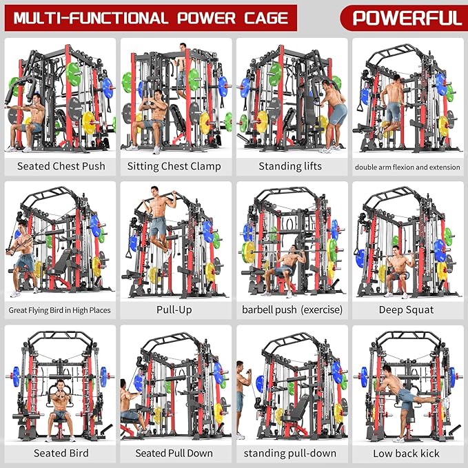 Smith Machine, Multi-Purpose Strength Power Cage with Cable Crossover System and More Training Accessories,Squat Rack Power Rack，Suitable for Home Gyms