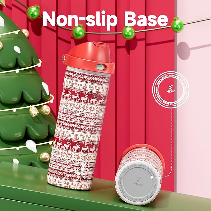 24 oz Insulated Water Bottle for Christmas: Meoky Stainless Steel Water Bottle with Straw and Spout Lid - Leak Proof, Cold for 24 Hours, Fits in Car Cup Holder, Christmas Gifts for Adults, Winter Trio