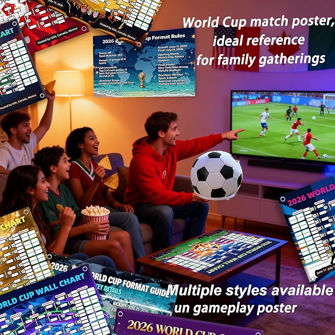 TOKLYUIE 2026 Waterproof 2 in 1 World Cup Soccer Schedule Poster Reusable Tear Resistant Poster for Fan Cave Wall Decor Football Fans Gift