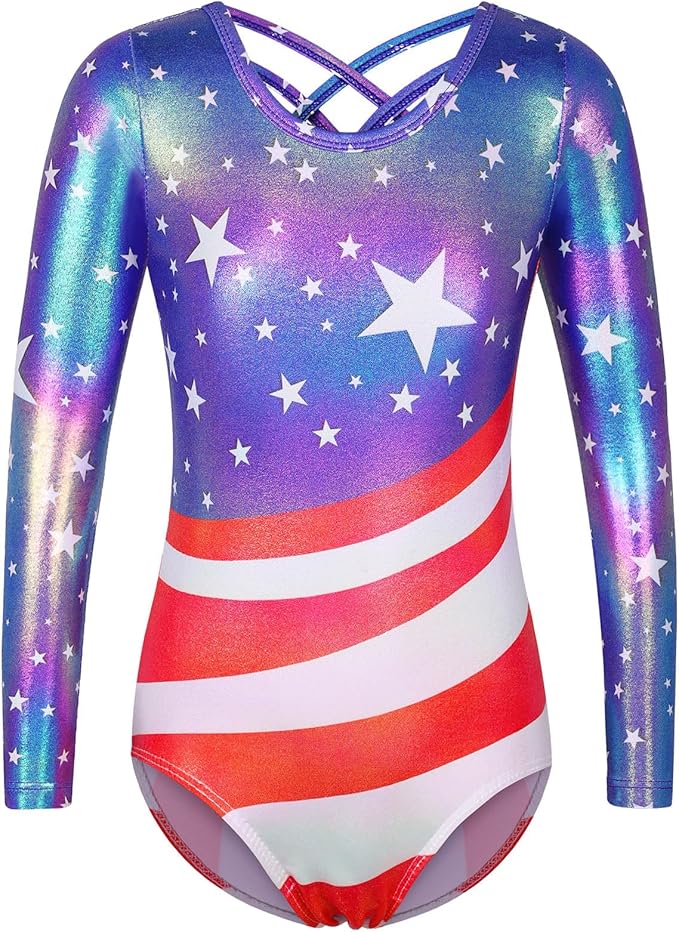 BAOHULU Gymnastics Leotards for Girls Long Sleeve Sparkly Cute Pattern Dance Outfit with Matching Shorts Set