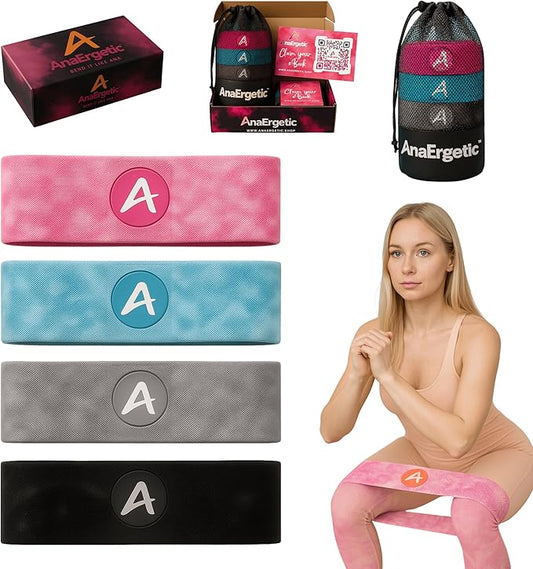 AnaErgetic Premium Resistance Bands, 4 Set of Stretch Bands for Booty Legs, Exercise Workout Bands for Women and Men, Pilates Flexbands, Durable Fabric, Exclusive Box and Carry Bag