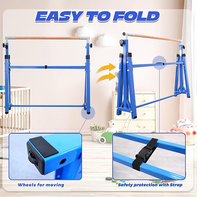 Foldable Gymnastic Bar for Kids Ages 3-20,5FT/6FT Horizontal Bar Base Length,Height Adjustable Kids Training Bar for Gymnastics,Gymnastics Equipment for Home Clubs