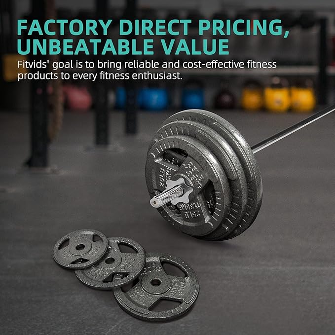 Fitvids Barbell Weight Set, Cast Iron 1" Standard Weight Plates Including 5FT Standard Barbell Bar & Star Locks, 95 Pounds Set (85 Lbs Plates + 10 Lbs Barbell Bar), Multiple Packages