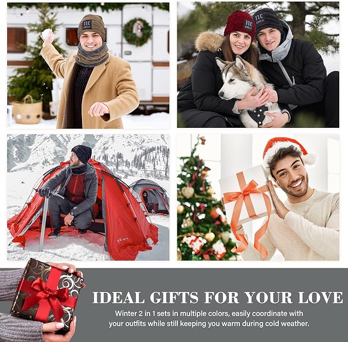 FZ FANTASTIC ZONE Mens Womens Winter Beanie Hat Scarf Set Warm Knit Thick Fleece Lined Skull Cap Neck Warmer for Men Women