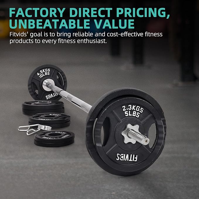 Fitvids Barbell Weight Set, Cast Iron 1" Standard Weight Plates Including 5FT Standard Barbell Bar & Star Locks, 95 Pounds Set (85 Lbs Plates + 10 Lbs Barbell Bar), Multiple Packages