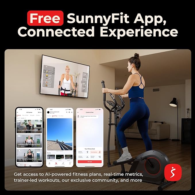Sunny Health & Fitness Smart Upright Elliptical w/Pulse Sensor Built-in, Indoor Full-Body Cross-Training & Cardio Exercise Machine for Home, Free SunnyFit App Connection, Optional Long Stride Length