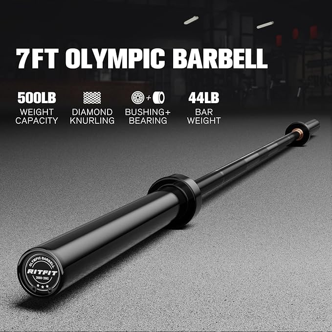 RITFIT 7FT Olympic Barbell for Strength and Weightlifting Training - 2 Inch Olympic Bar for Squat, Deadlift, Bench Press, Curl, Overhead Press - 600lbs/1000lbs/1200lbs Capacity