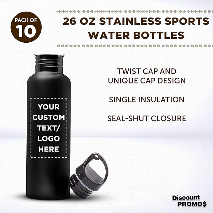DISCOUNT PROMOS Custom Stainless Steel Water Bottles 26 oz. Set of 10, Personalized Bulk Pack - Reusable, Leak Proof, Perfect for Gym, Hiking, Camping, Outdoor Sports - Black