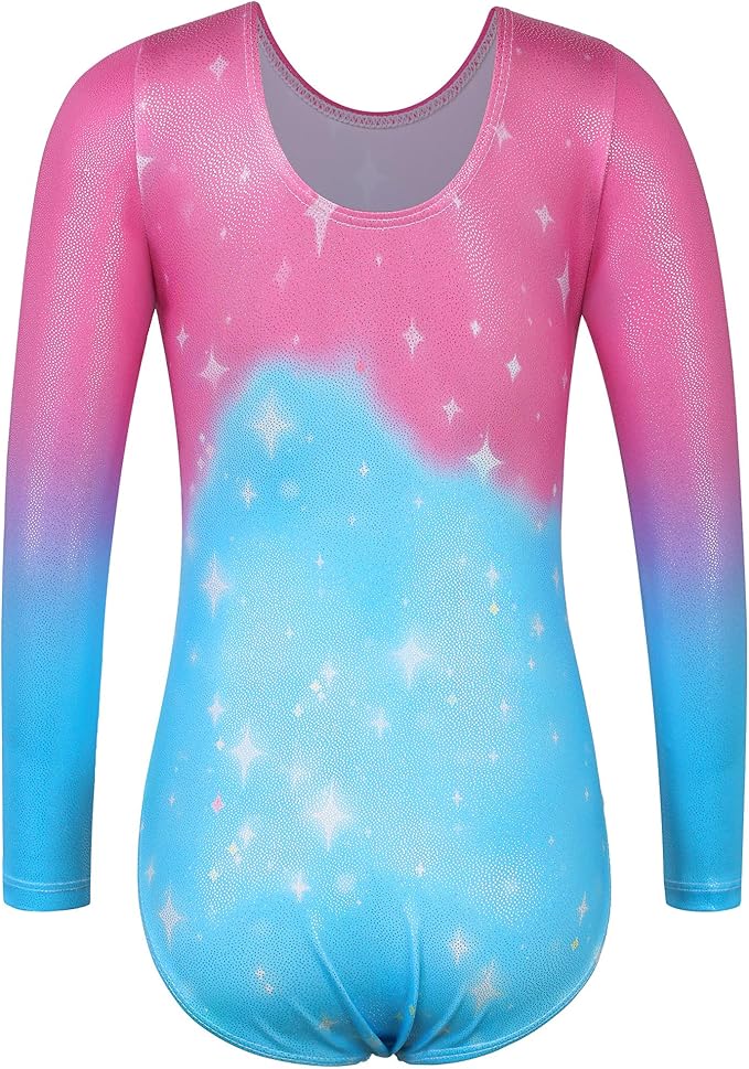 BAOHULU Leotards for Girls Gymnastics Long Sleeve Embroidery Shiny Black Diamond Dance Clothes