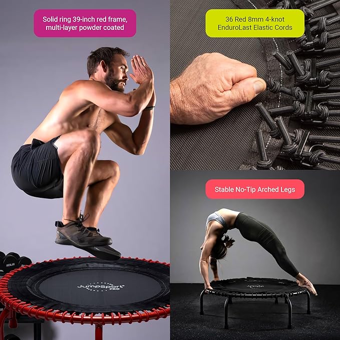 JumpSport 350 PRO Fitness Trampoline, Cardio Workout, No-Tip Arched Legs Home Gym Equipment, Adjustable Bungees & 60 Day Trial Video