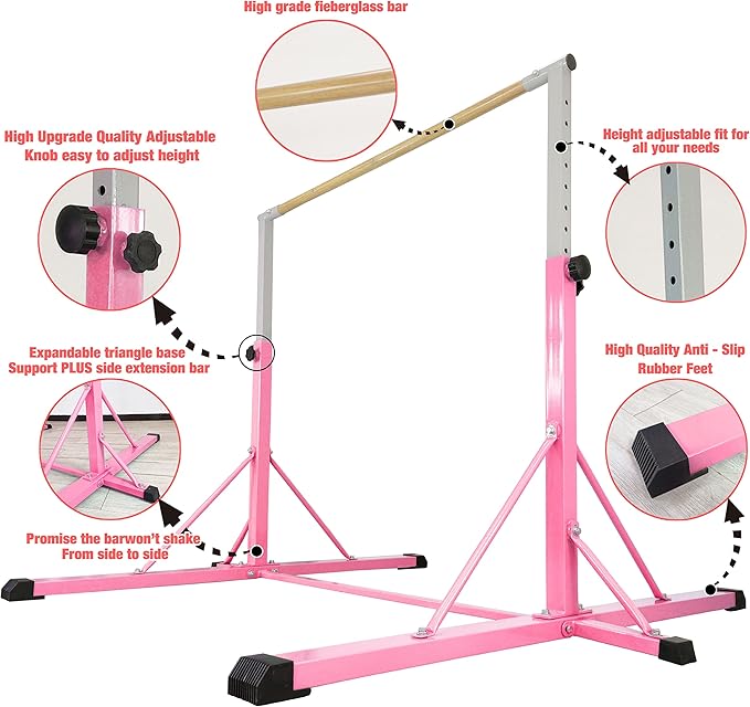 Gymnastics Bar for Kids Ages 3-15, 35" to 60" Adjustable Height, 4FT Wide Base - Professional Kip Bar with 360° Stability & Fiberglass Crossbar, Easy Fold&Solid Design for Home Training