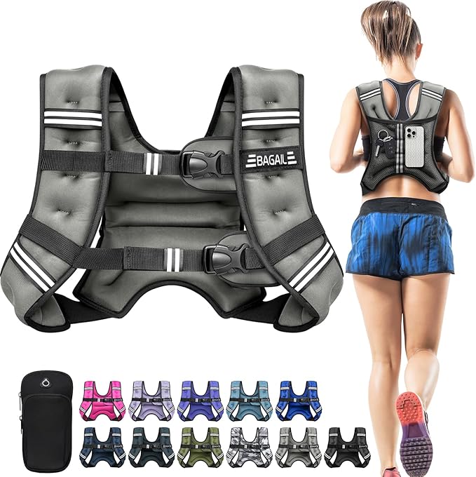 BAGAIL Weighted Vest, 5lb/8lb/10lb/12lb/15lb/20lb/25lb/30lb Weight Vest for Walking & Weight Loss, Reflective Rucking Vest with Phone Pouch for Women & Men, Home Gym & Outdoor Training