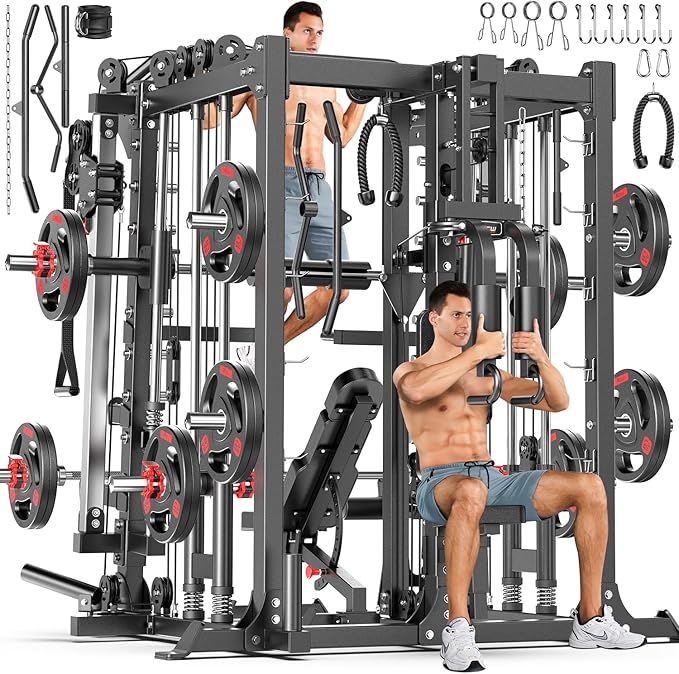 Smith Machine, Multi-Purpose Strength Power Cage with Cable Crossover System and More Training Accessories,Squat Rack Power Rack，Suitable for Home Gyms