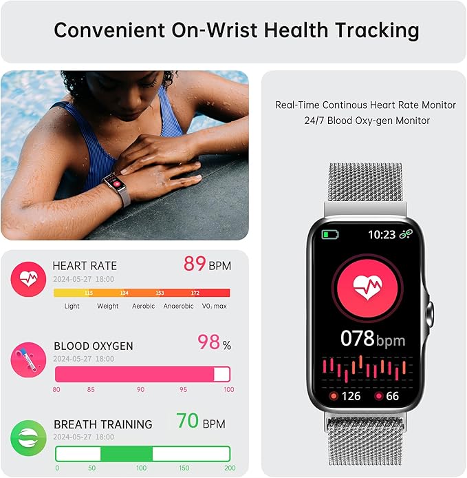 Health Fitness Tracker, Smart Watch with 24/7 Heart Rate and Blood Oxygen Monitor, Sleep Tracker with IP68 Waterproof, Activity Tracker Pedometer Step Counter for Women Men (Silver Gray)