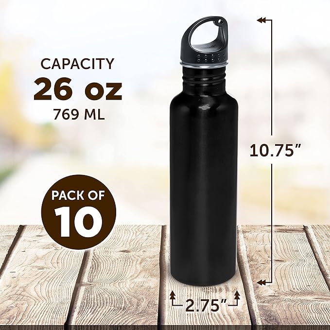 DISCOUNT PROMOS Stainless Steel Water Bottles 26 oz. Set of 10, Bulk Pack - Reusable, Leak Proof, Perfect for Gym, Hiking, Camping, Outdoor Sports - Black