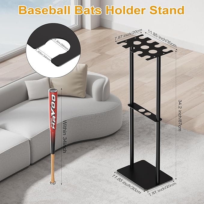 Baseball Bat Holder Display Stand, Holds 8 Bats 5 Balls 4 Gloves, Heavy Duty Metal Storage Rack for Home Garage Dugout, Black