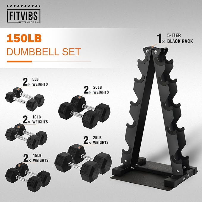 Fitvids 150 LB Rubber Coated Hex Dumbbell Set with Storage Rack, 5-25LB Hand Weight Set with Anti-Slip Grip for Home Gym