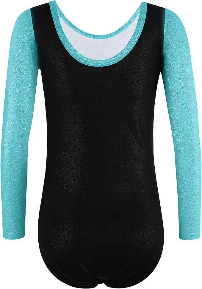 BAOHULU Leotards for Girls Gymnastics Long Sleeve Embroidery Shiny Black Diamond Dance Clothes