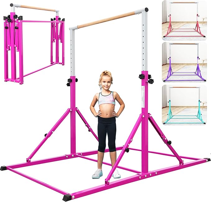PreGymnastic Foldable Gymnastics Bar, 5.6FT Folding Horizontal Bars for Kids Ages 3-12, Weight Limit 350 LBS, Adjustable kip Bar, Children Home Gym Equipment Indoor