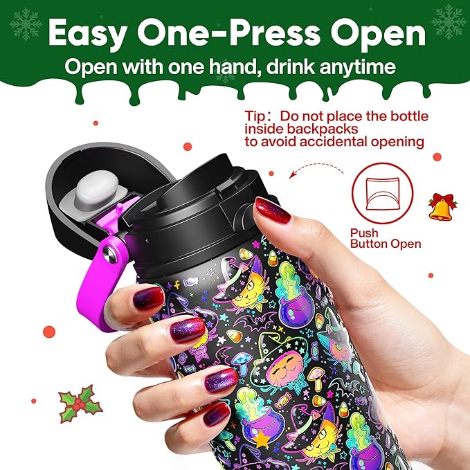 ENCOOL Insulated Water Bottle with Straw Stainless Steel Water Bottle with Push Button Lid, Leak-Proof & BPA-Free, Keeps Cold for 24 Hours for Sports, Travel, Gym (32 oz, Meowgic Night)