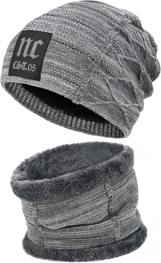 FZ FANTASTIC ZONE Mens Womens Winter Beanie Hat Scarf Set Warm Knit Thick Fleece Lined Skull Cap Neck Warmer for Men Women