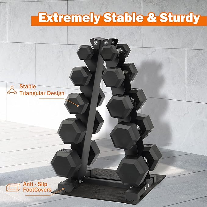 Fitvids 150 LB Rubber Coated Hex Dumbbell Set with Storage Rack, 5-25LB Hand Weight Set with Anti-Slip Grip for Home Gym