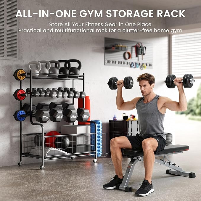 Dumbbell Rack, Weight Rack for Home Gym, Weight Stand for Dumbbells Kettlebells Yoga Mat and Balls, All in One Home Gym Storage with Universal Wheels and Hooks, Workout Storage for Yoga(Metal)