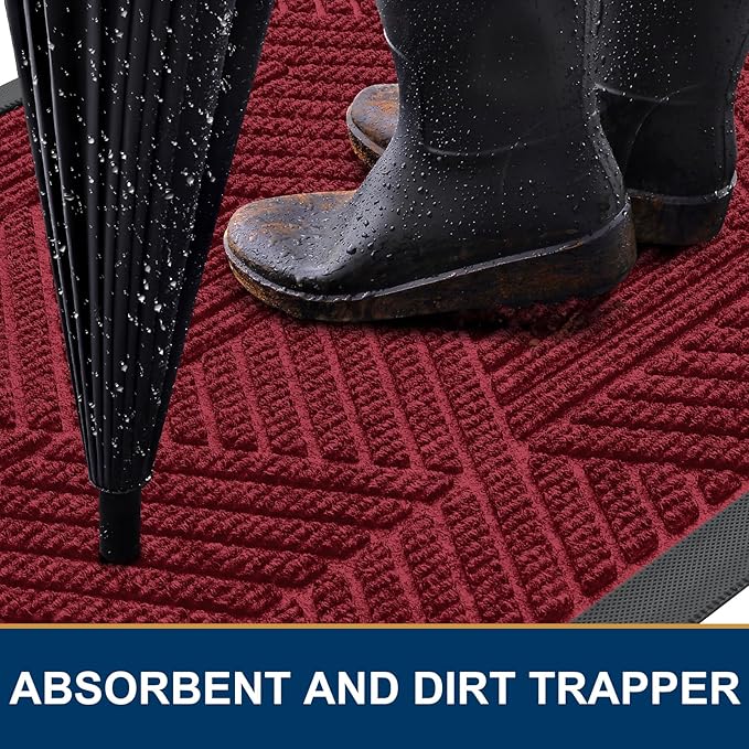 Smiry Front Door Mat Outside Entrance, Heavy Duty Sturdy Natural Rubber Doormat, Trap Dirt and Moisture, Easy Clean Low Profile Mats for Indoor Outdoor Entry, Irregular Triangle (36x24, Wine Red)