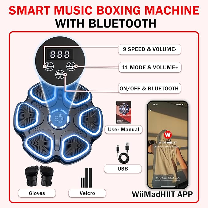 2025 Music Boxing Machine for Kids & Adults – Bluetooth Music Punching Machine Wall Mounted Toy with Gloves, 11 Modes 9 Speeds & App Punch Counter for Home Gym Workout