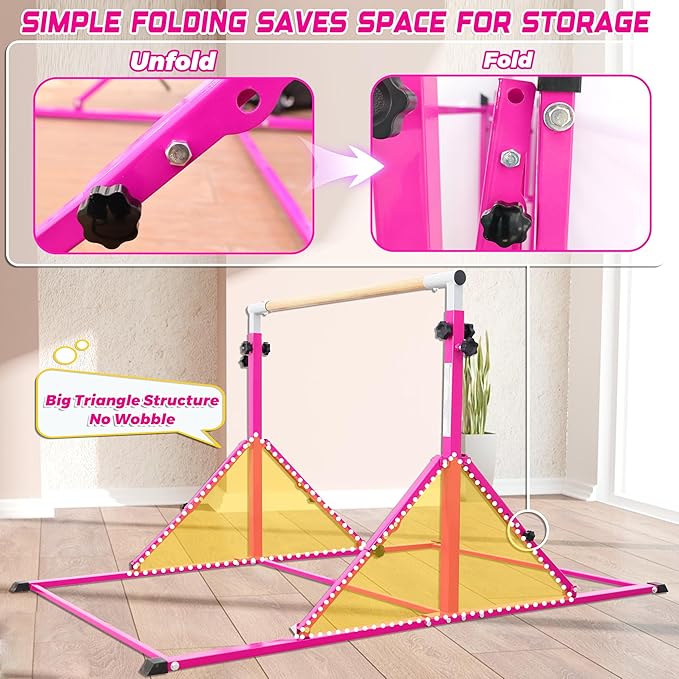 PreGymnastic Foldable Gymnastics Bar, 5.6FT Folding Horizontal Bars for Kids Ages 3-12, Weight Limit 350 LBS, Adjustable kip Bar, Children Home Gym Equipment Indoor