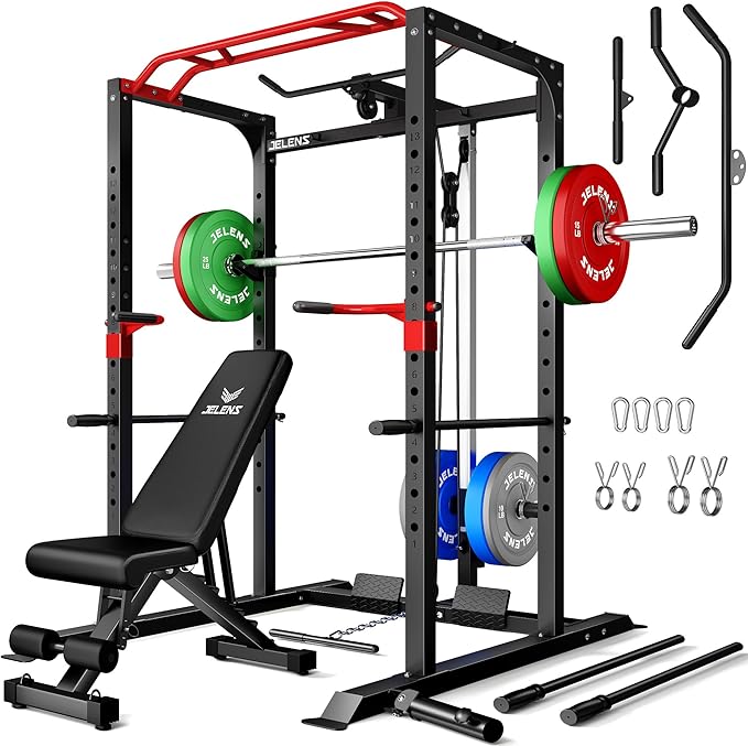 Power Cage, 2000LBS Multi-Function S11 Power Rack with LAT Pulldown, Squat Rack with Adjustable Pulley System and More Training Attachments, Weight Workout Machine for Home Gym