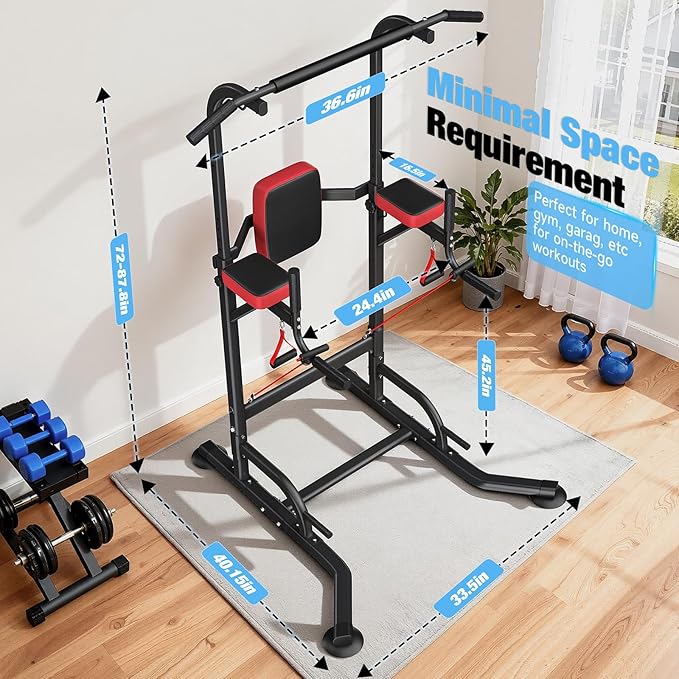 Dskeuzeew Power Tower Pull Up Bar Station for Home Gym Strength, 450LBS Pull Up Dip Station Assistive Trainer Height Adjustable with Elastic Ropes, Pull Up Bar Free Standing Heavy-Duty Fitness Equipment
