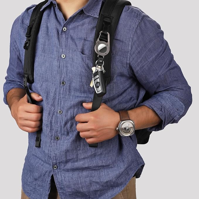 AirTag Holder Keychain - Premium Leather & Carbon Fiber Case with Secure Locking Carabiner | Compatible with Apple AirTag for Keys, Luggage, Backpacks, Bags (Gray)