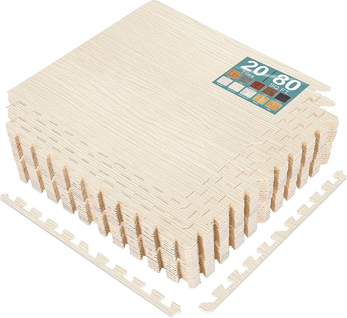 Sorbus 80 Sq. Ft. Wood Grain Floor Tiles Foam Mat EVA Interlocking Mats Tile 3/8-Inch Thick Flooring Wood Puzzle Exercise Mats w/Borders - Home Playroom Basement, Apartment, Trade Show, Baby, Dance