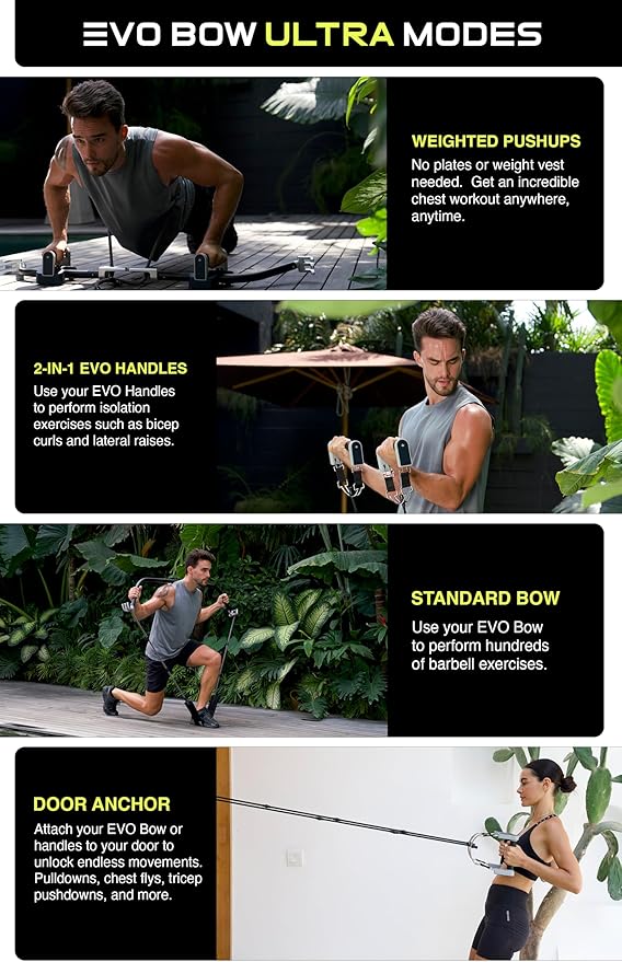 EVO Bow - All in One Portable Home Gym System with Ultra Weighted Push Up Board | Compact Strength Training and Exercise Equipment for Travel, Notched Resistance Bands for Full Body Training | 300lbs