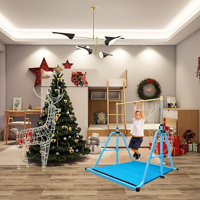 Foldable Gymnastics Kip Bar with Mat and Ring Set,3' to 5' Height Adjustable,Kids Gymnastic Equipment for Ages 3-15,Indoor and Home Training- Max Load 350LBS