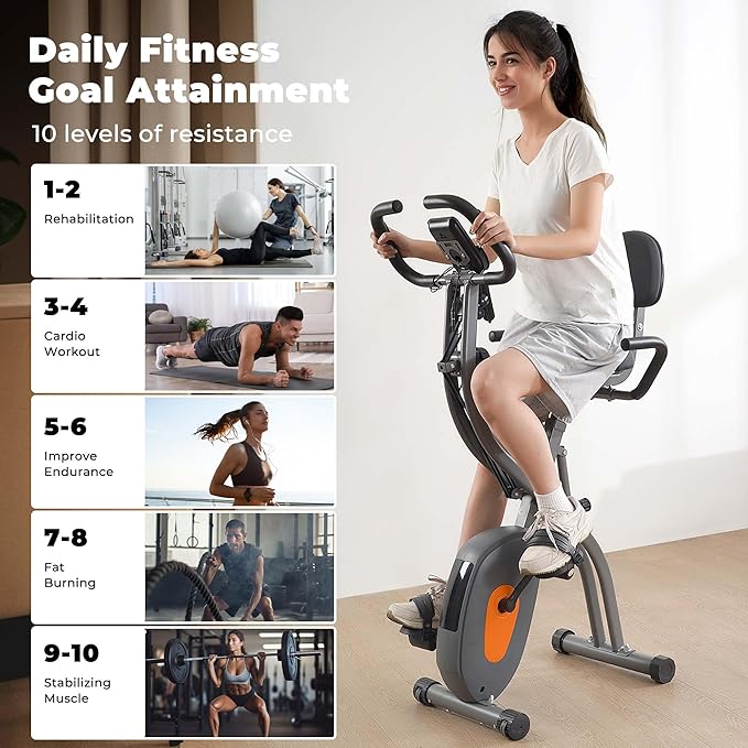 Exercise Bike, Stationary Bike for Home, Folding Exercise Bike with 10 Level Magnetic Resistance, Arm Resistance Bands &Pulse Sensor, LCD Monitor for Home Workout