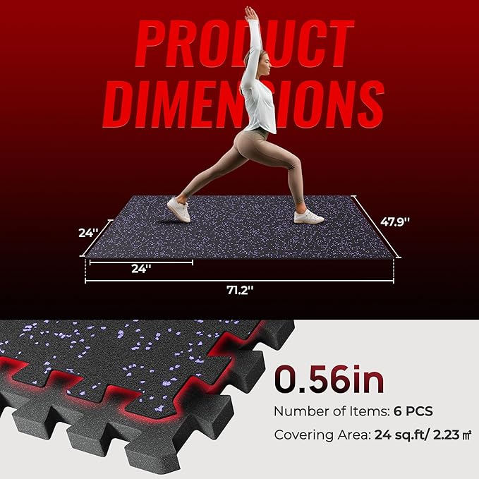 SUPERJARE 0.56'' Thick 6 Pcs 24 Sq Ft Rubber Top Exercise Equipment Mats, High Density EVA Foam Mats with Rubber Top, Interlocking Gym Flooring for Home Gym, Protective Workout Mat, Black/Purple