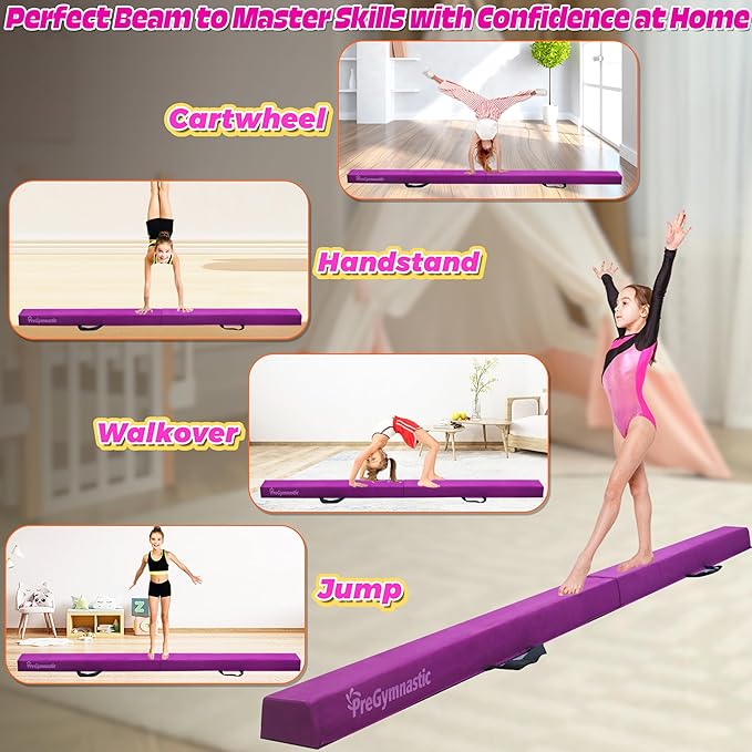 PreGymnastic 6FT/8FT/9.5FT Folding Balance Beam for Kids Ages 3-12, Foldable Gymnastics Floor Beam-Extra Firm Suede Cover with Carrying Bag for Home-Gym Equipment for Toddler Teenager