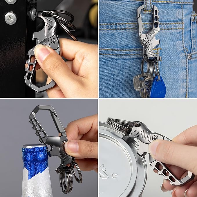 Heavy duty metal keychains, Carabiner clip Car key chains,Fashion family keychain bottle opener and 3 Key Rings suitable for men and women.（Black-1pcs）