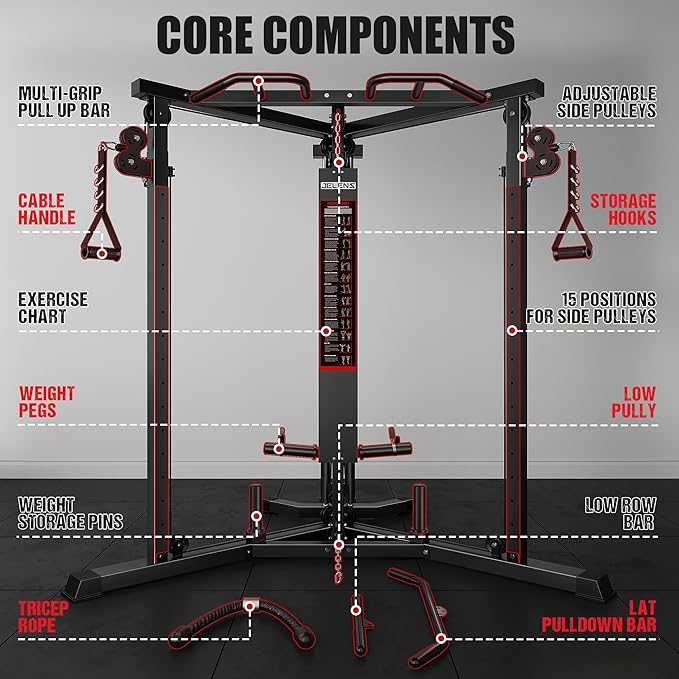CC01 Fitness Cable Crossover Machine with High and Low Pulley System, Functional Trainer with with Pull Up Bars and Optional Bundle, Plate Loaded Pulley System for Home Gym Power Workout
