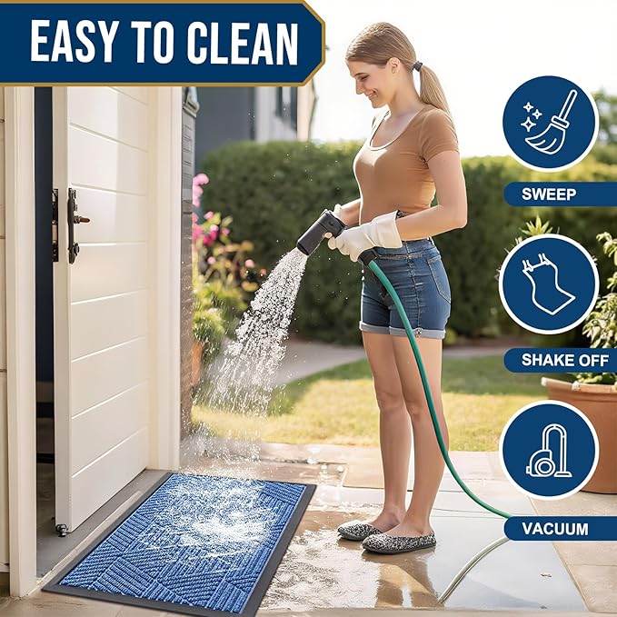 Smiry Front Door Mat Outside Entrance, Heavy Duty Sturdy Natural Rubber Doormat, Trap Dirt and Moisture, Easy Clean Low Profile Mats for Indoor Outdoor Entry, Irregular Triangle (71x24, Blue)