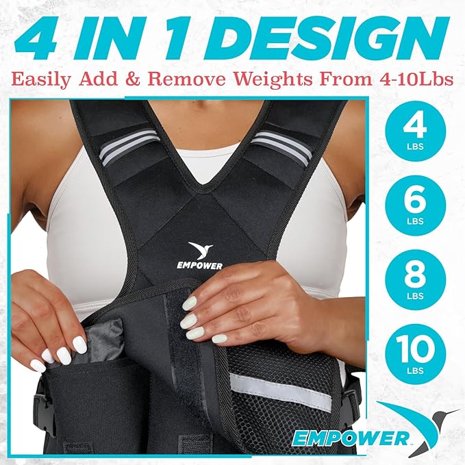 Empower Weighted Walking Vest for Women with Reflective Strips – Fixed 8lbs, Adjustable 4-10lbs (4 in1) or Adjustable10-16lbs (4 in 1), Strengthen Muscles, Boost Bone Health, and Burn More Calories for Workout