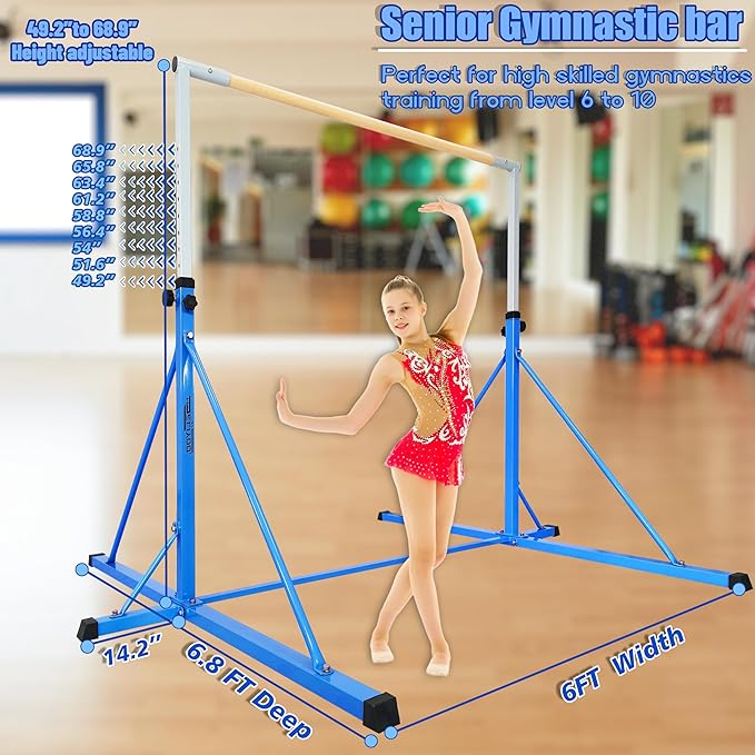 Gymnastics Bar for Kids Adults Ages 5-25,6FT Width ,7.2 FT Base Length ,Gymnastic Horizontal bar,Kip bar For Real Gymnastics,Height Adjustable 49.2" to 68.9",Competition Gymnastics Equipment For Home Gym 500LB Capacity