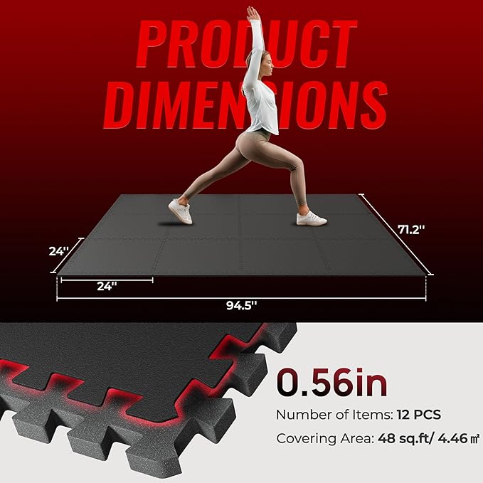 SUPERJARE 0.56'' Thick 12 Pcs 48 Sq Ft Rubber Top Exercise Equipment Mats, High Density EVA Foam Mats with Rubber Top, Interlocking Gym Flooring for Home Gym, Protective Workout Mat, Black