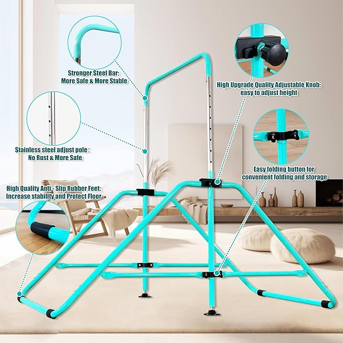 MARFULA Foldable Gymnastic Bar for Kids Ages 3-12, 9 Height Levels, 200 lbs Weight Capacity, 5 Ft Length Gymnastic Kip Bar with Mat, Gymnastic Equipment for Home and Gym Center Indoor Outdoor Use