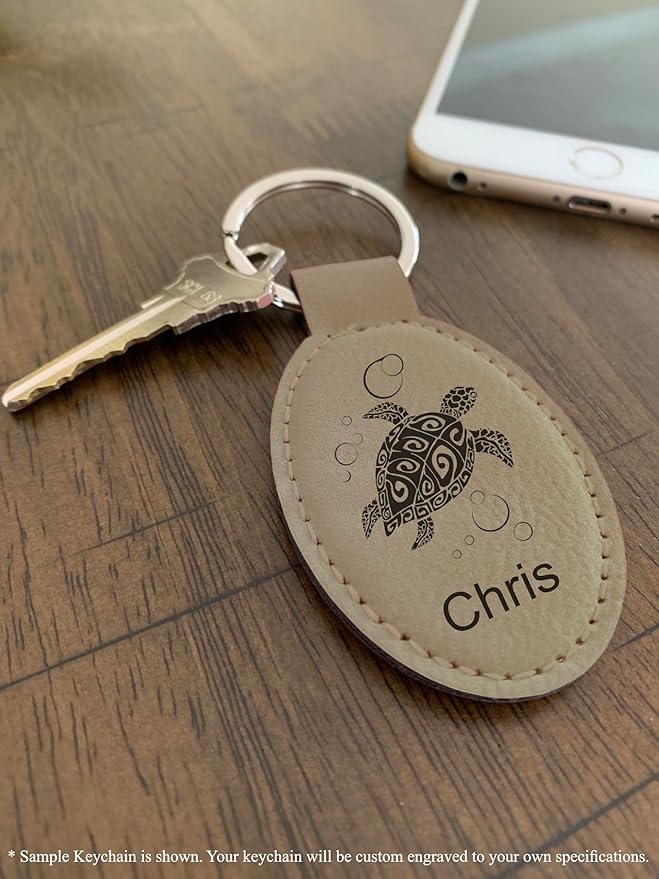 LaserGram Oval Keychain, Quad, Personalized Engraving Included (Light Brown)