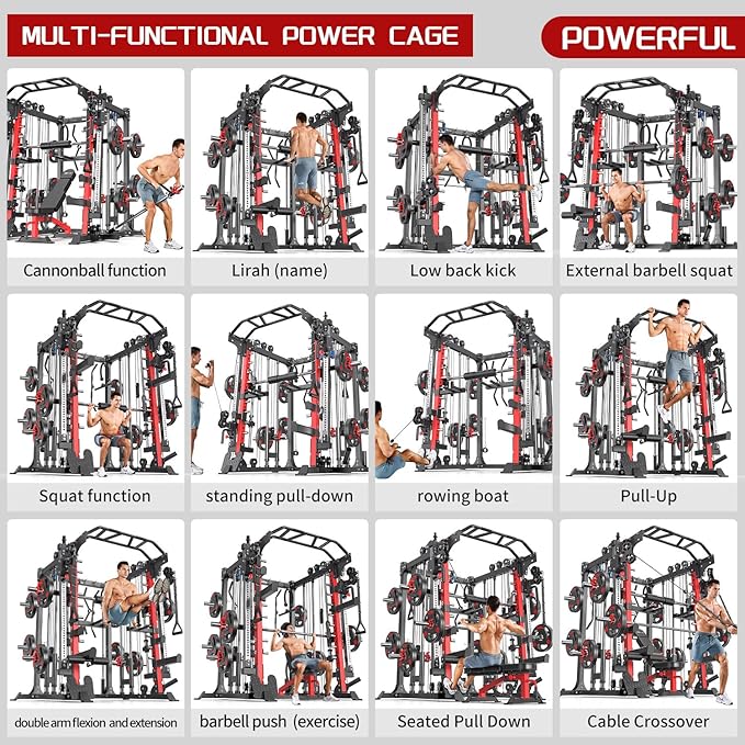 Smith Machine, Multi-Purpose Strength Power Cage with Cable Crossover System and More Training Accessories,Squat Rack Power Rack，Suitable for Home Gyms