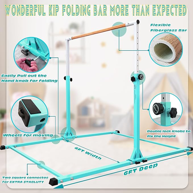 Foldable Gymnastic Bar for Kids Ages 3-20,5FT/6FT Horizontal Bar Base Length,Height Adjustable Kids Training Bar for Gymnastics,Gymnastics Equipment for Home Clubs